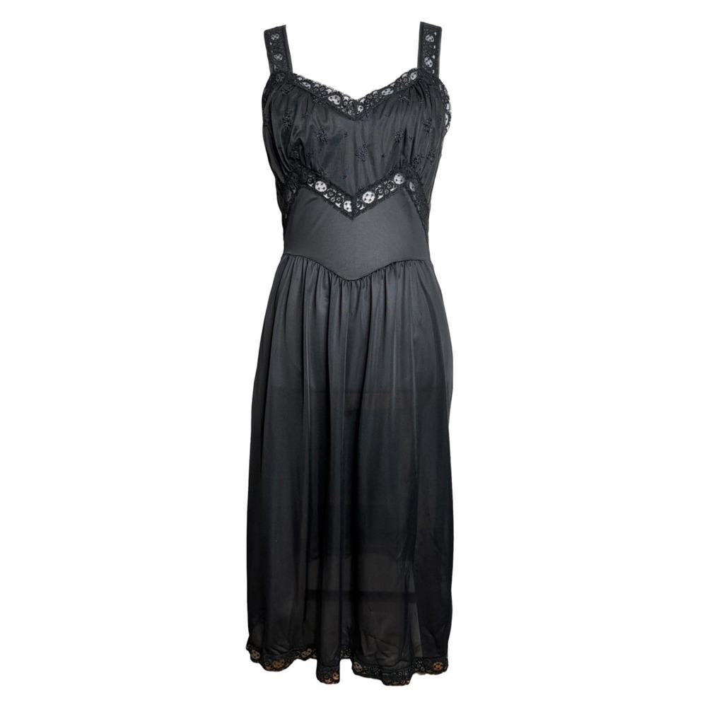 Vintage 60s Whimsigoth Slip Dress S Black Lace Trim V Waist Nightgown Rogers - Picture 3 of 11